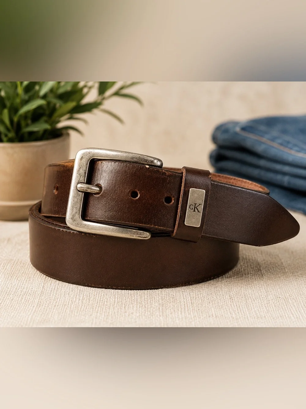 Calvin Klein CK Genuine Leather Brown Belt Solid Brass Buckle Medium